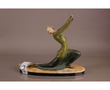 An Art Deco style spelter figure, AF, modelled as a young lady in green dress, hands loose and head damaged, on an oval marbl