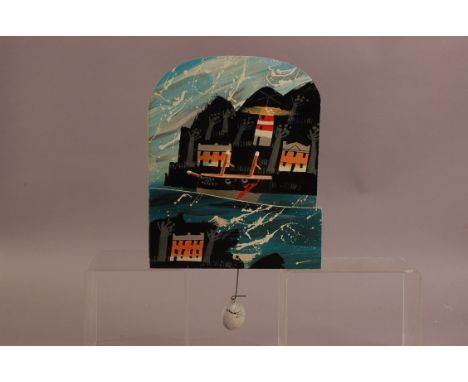 John Maltby (1936 to 2020) (ARR), 31cm plus pendulum, c1980s painted wooden automaton of rocking ship at sea and harbour, Vic