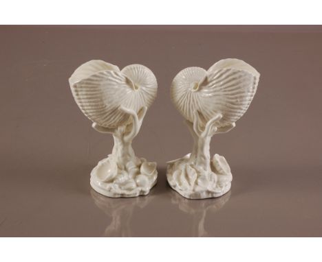 A pair of Royal Worcester blanc de chine nautilus shells, 17cm high, with green backstamps and numbered 101 (2) light surface