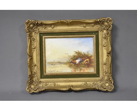 G.Y Houghton (19th Century), 16cm by 21cm, hand painted Worcester tile, Cattle in a Coastal Wetland, signed and dated 1877 to