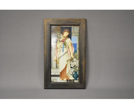 L Besche (19th Century), 40cm by 20cm, handpainted tile, Young Lady holding and admiring flowers, framed 