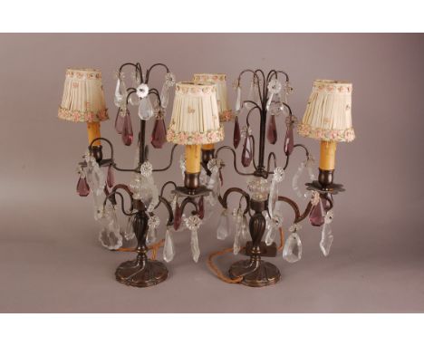 A pair of first hlaf 20th century lamp bases, two branch with applied glass lustres and pendants, 40cm 
