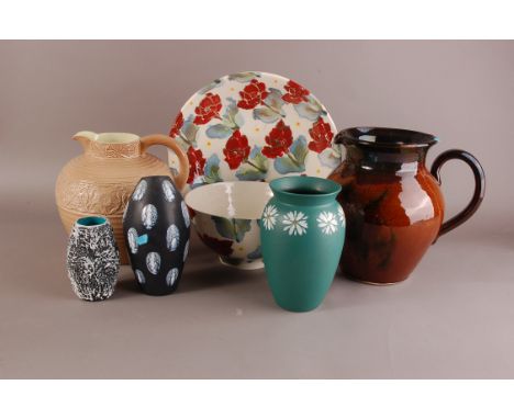 A large modern Poole Pottery bowl and stand in Poppy pattern by Jamie Tchaikovsky, together with two large jugs, West German 