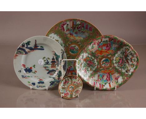 Four 19th century and later Chinese porcelain dishes, three in the Canton palette with painted enamel scenes and decotarions,