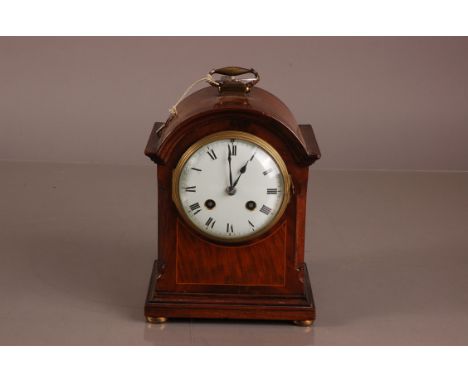 An Edwardian mahogany mantle clock, cm high, hite enamel dial, eight day movement clock height 22cm, dial 9.5cm
