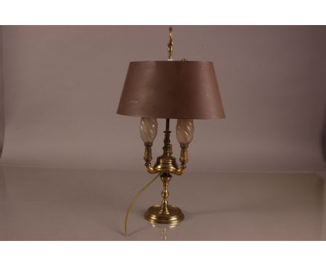 A late 19th century brass table lamp, 51cm, with three light fitings and adjustable tin shade 