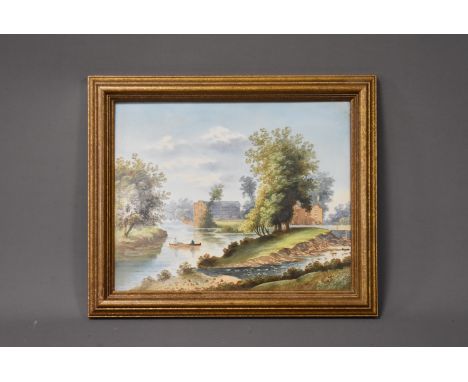 19th century (British School), 22cm by 27cm, handpainted tile, Factory within a riverscape, possibly a watermill, unsigned, f