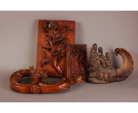 Four 19th and 20th century carved wooden items, including a tribal style soft wood carving with three figures on a mythical b