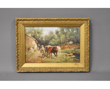 After Robert Assmus (1837-1907), 19cm by 28cm, handpainted tile, Gathering at a Country Inn, signed to the lower right 'D'apr