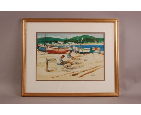 R. Johnston (20th century), 32cm by 46cm, watercolour and pen on paper, Fishermen on Beach in Spain, reverse marked "Pescador