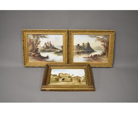 J Williams (British School), 21cm by 27cm, hand painted tiles, two Scottish Castle scenes, Beaumorris Castle and another, tog