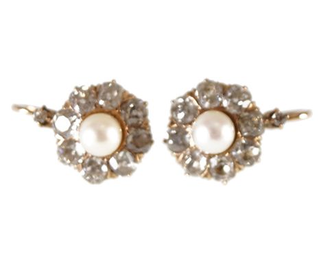 DIAMOND AND NATURAL PEARL GOLD CLUSTER EARRINGSon German drop wirestotal diamond weight 1.50 ct., approx.