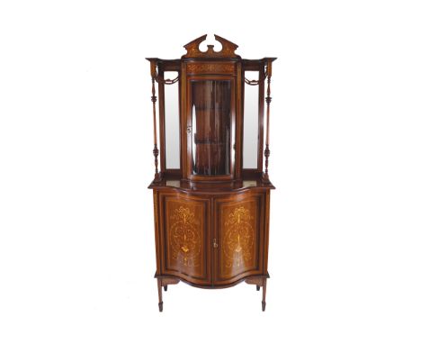 EDWARDIAN PERIOD MAHOGANY AND MARQUETRY DISPLAY CABINET, CIRCA 1900Maker: Edwards & Roberts, London, the superstructure with 