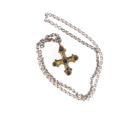MEDIEVAL ENAMEL AND GILT CROSSon Victorian silver chain