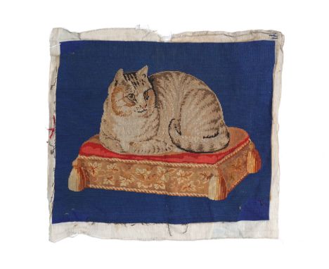 TAPESTRY  depicting a cat seated on a cushion 42 x 52 cm.