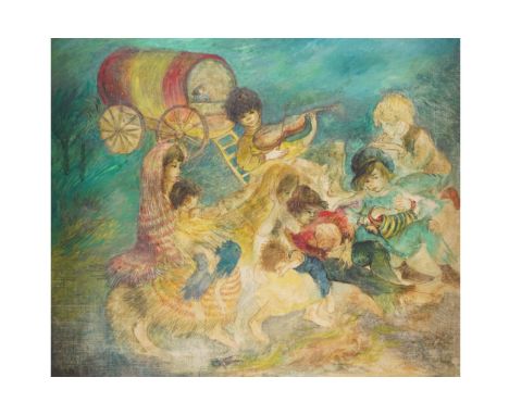 BROWNIE DOWNING, AUSTRALIAN SCHOOL Gypsy children playing Oil on canvas  46 x 56 cm.