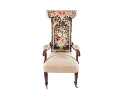 NINETEENTH-CENTURY MAHOGANY AND TAPESTRY UPHOLSTERED ARMCHAIRraised on turned chamfered legs to the fore114 cm. high; 54 cm. 