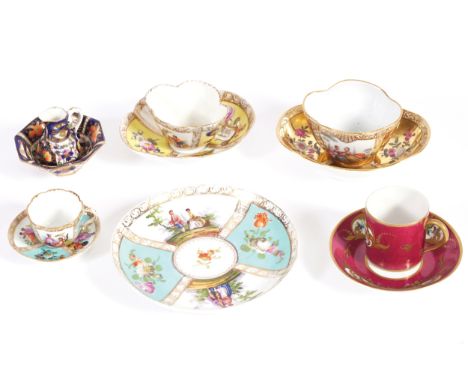 ASSORTED GROUP OF PORCELAIN2 Agustus Rex cups and saucers, Dresden plate, Chanele cup and saucer, Crown Derby miniature jug a