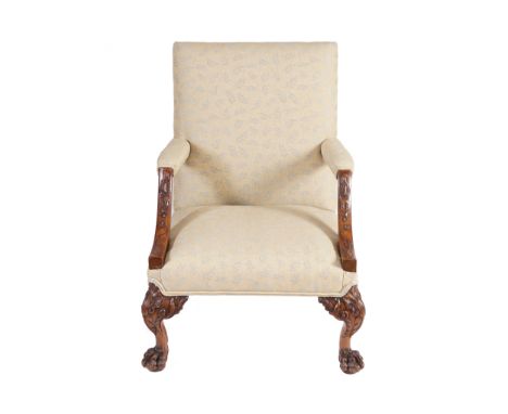 EIGHTEENTH-CENTURY MAHOGANY AND UPHOLSTERED GAINSBOROUGH CHAIR, CIRCA 1760 the square upholstered back, between sabre front p