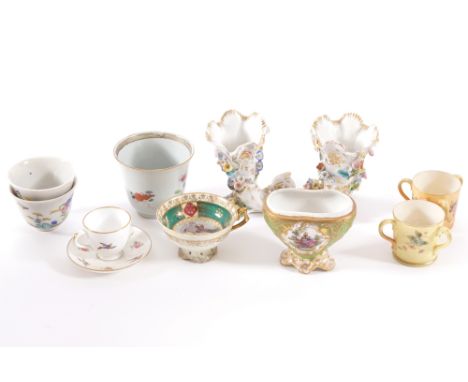 GROUP OF PORCELAIN3 eighteenth-century Chinese cups, 2 Royal Worcester loving cups, 2 German porcelain cornucopia shaped vase