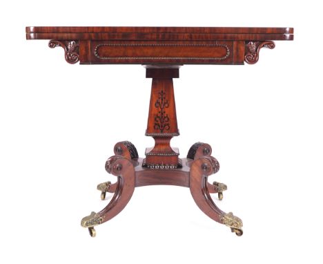 REGENCY PERIOD MAHOGANY AND EBONY STRING INLAID CARD TABLE, CIRCA 1820the rectangular top, with round corners to the fore, op