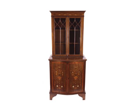 EDWARDIAN PERIOD MAHOGANY AND MARQUETRY DISPLAY CABINETthe superstructure with a moulded dentil inlaid crown above a satinwoo