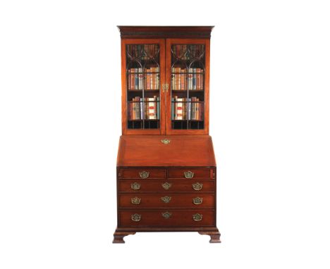 GEORGE III PERIOD MAHOGANY BUREAU BOOKCASEthe superstructure with a moulded and blind fretwork carved crown, above two square