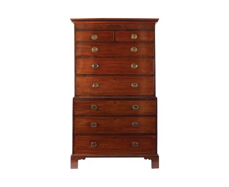 GEORGE III PERIOD MAHOGANY CHEST ON CHEST, CIRCA 1790of two short and six long drawers, furnished with brass chamfered handle
