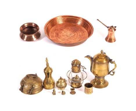 LARGE COLLECTION OF COPPER AND BRASSa tray, a samovar, a jug, a lamp, an Indian lunch box and two small spice jars, a copper 