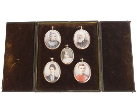 GROUP OF FIVE FAMILY PORTRAIT MINIATURES Maker's mark on gilded frame: George Elisha Sumner (G.E.S.) 1897-1916 The Bowen fami