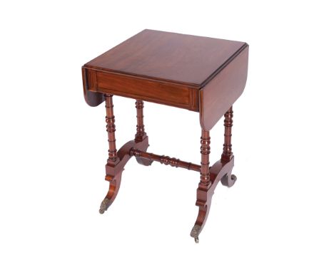 SMALL REGENCY PERIOD MAHOGANY SOFA TABLE, CIRCA 1810the square top, with rounded rectangular shaped leaves, raised on turned 