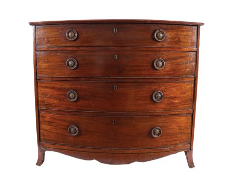 GEORGE III PERIOD MAHOGANY AND BOX WOOD INLAID BOW FRONT CHESTof four drawers furnished with brass handles, raised on ogee br