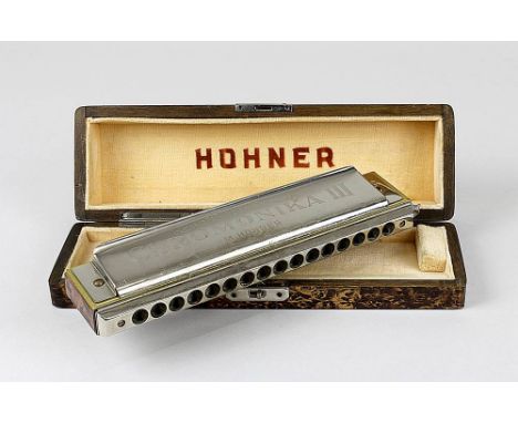 Chromatische Mundharmonika, Hohner, um 1930, Metall verchromt, mit funktionierendem Schieber, bezeichnet "Chromonika III", 18