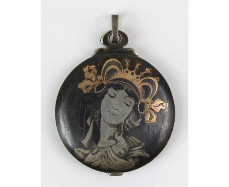 Art Déco Spiegelmedaillon/Puderdose, Deutschland um 1917, rundes Silbermedaillon, Deckel auf jeder Seite mit Portrait einer F