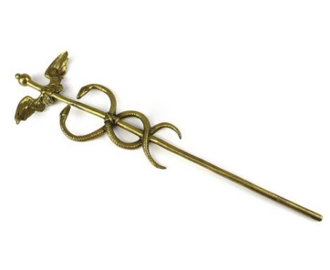 Hermesstab / Äskulapstab aus Messingguss, um 1880, Schlangenstab als Symbol des ärztlichen und des pharmazeutischen Standes, 