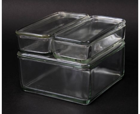 Wilhelm Wagenfeld Glasdosenset Bauhaus Kubus, VLG, 1930er, eine große u. zwei kleine Dosen, aufeinander stapelbar, Gesamthöhe