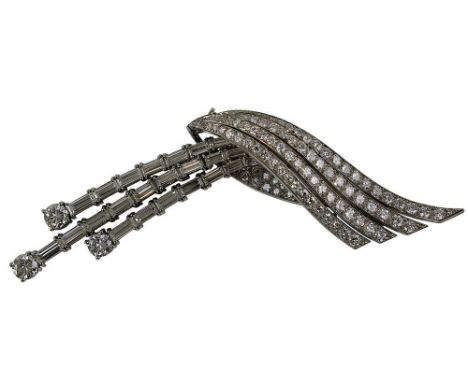 Platinbrosche mit Brillanten und Diamantbaguetten, wohl Frédéric Boucheron, Paris um 1950, gestempelt Hund und FB in Raute, A