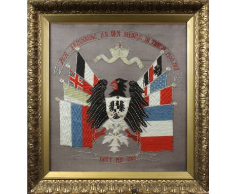 Stickbild, Deutsches Kaiserreich Anfang 20. Jh., zur Erinnerung an den Feldzug in Tientsin 1900/1901, Reichsadler unter Krone