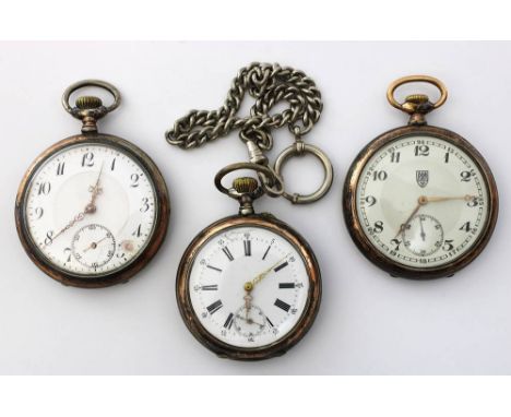 3 Taschenuhren, deutsch um 1900, mechanische Werke mit Kronenaufzug, ein Werk v. Junghans u. eines v. SUG, jeweils Werk bez.,