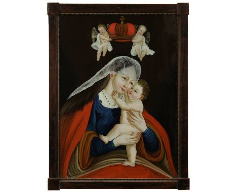 Biedermeier Hinterglasbild um 1820, Gnadenbild Mariahilf, angelehnt an Lucas Cranach, fein ausgeführtes Gemälde, unten rechts