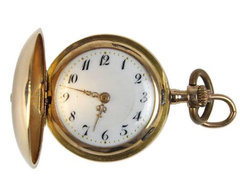 Goldene Damen-Savonette mit Brillant, Schweiz um 1900, Gehäuse aus Roségold mit 3 Deckeln, gestempelt mit Eichhörnchen, 0,585