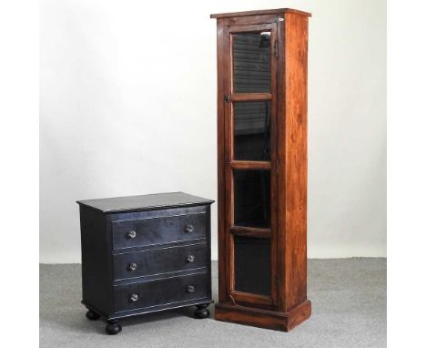 A hardwood glazed narrow cabinet, 165cm high, together with a black painted commode chest (2)