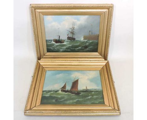 J Harding, 19th century, seascape with a tug towing a merchant ship, oil on canvas, signed, together with another, a fishing 