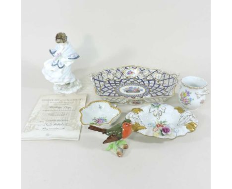 A Coalport figure of a lady, with certificate, together with a Dresden porcelain basket, 26cm wide and four other Dresden ite