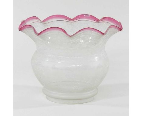 An etched glass oil lamp shade, with a pink frilled rim, 16cm highCondition report: Dirty with very light surface wear.