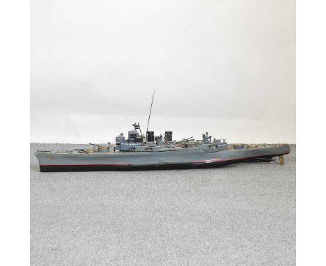 A grey painted remote control model warship, 134cm long