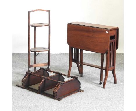 An Edwardian walnut sutherland table, 59cm, together with a 1920's folding cakestand and a Victorian fret carved wall shelf (