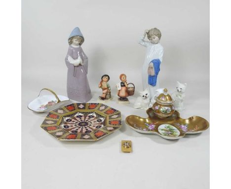 A Crown Derby imari plate, 23cm, together with two Nao figures and a Dresden porcelain desk stand and other decorative china