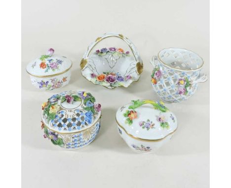 A Dresden pot pourri dish, together with four other pieces, to include a basket, tallest 13cm high (5)