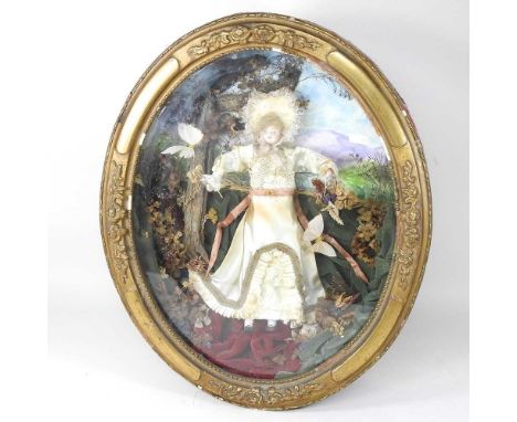 A 19th century musical automaton doll, The Flower Girl, in a glazed case, with key wind mechanism, bearing a paper label 'Mad